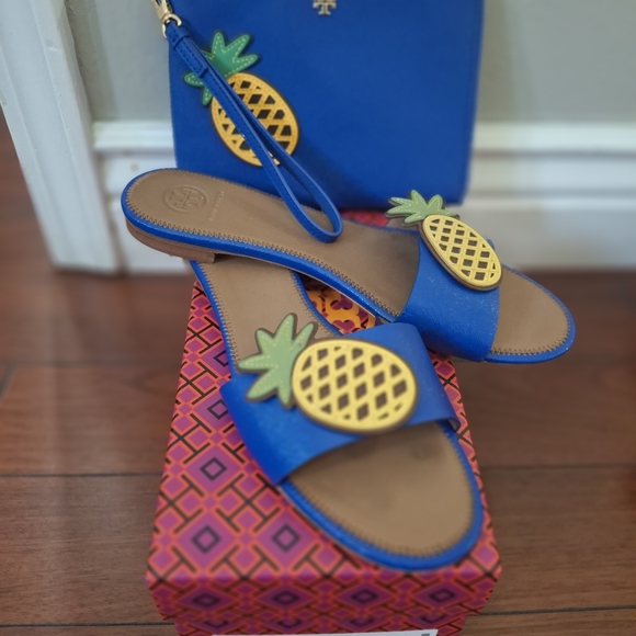 Tory Burch Blue Pineapple Slide Sandals - Picture 1 of 3